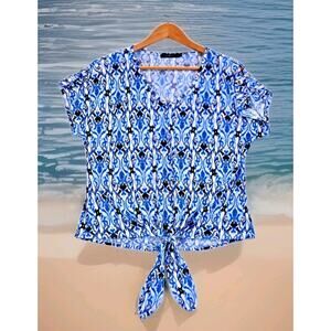 Cure Women's Top Tie Front Shirt Blue Grey Black Blouse Geometric Medium